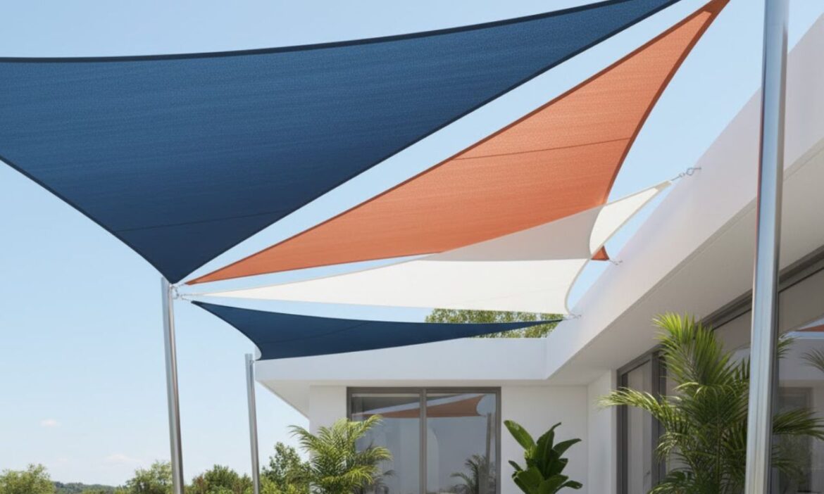 image d'une terrasse avec une voile d'ombrage bleue et une voile d'ombrage orange