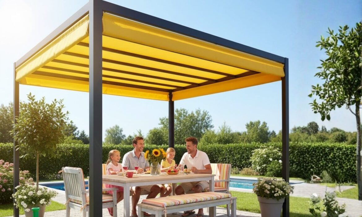 Une famille sous un pergola avec une toile jaune