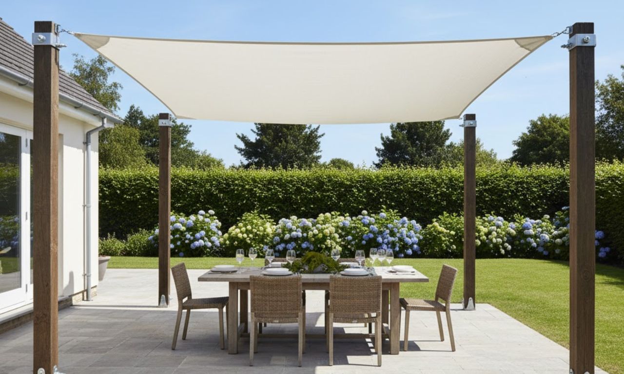 une voile d'ombrage d'extérieur en couleur blanche sur une terrasse dans un beau jardin