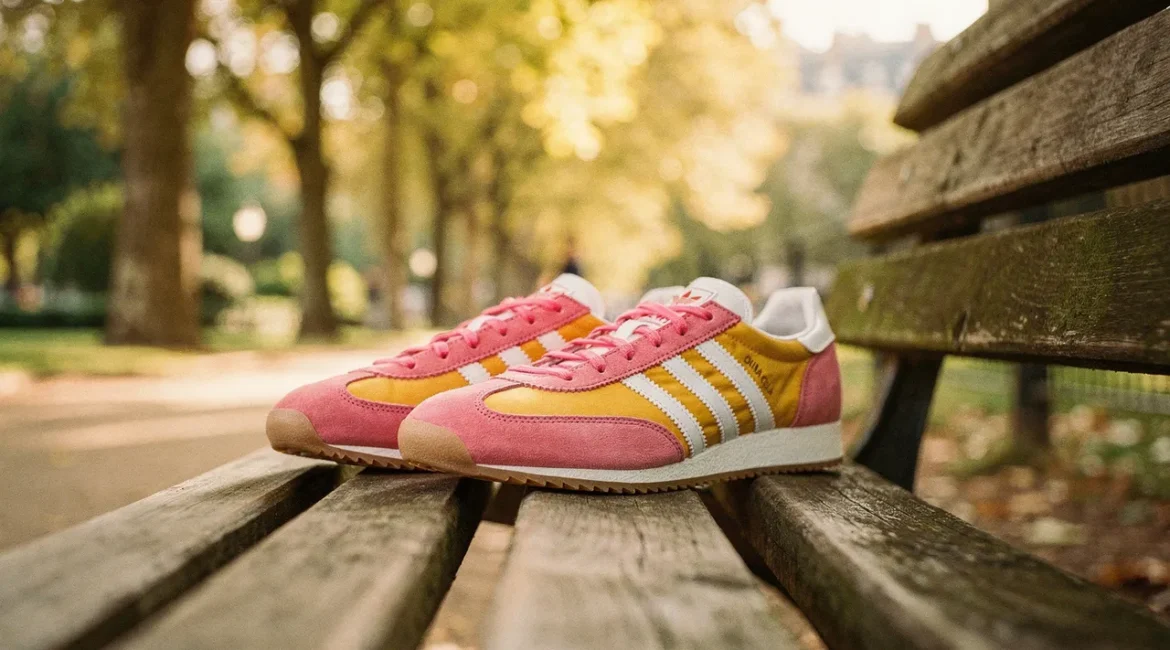 Baskets tendance colorées 2025 sur un banc parisien