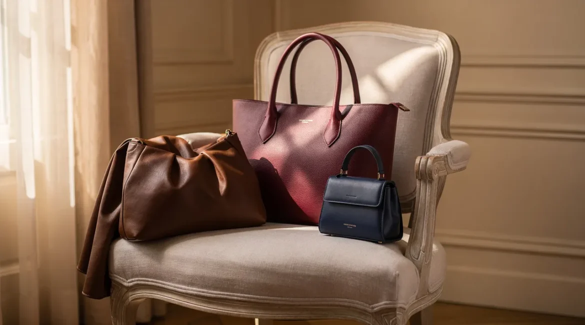 Sélection de sacs à la mode 2026 en cuir bordeaux, marron et bleu marine