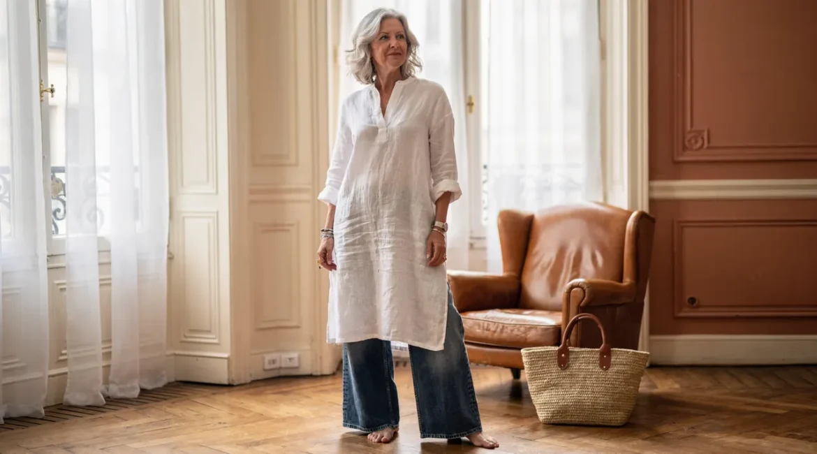 Femme de 50 ans en tenue bohème chic dans un intérieur lumineux