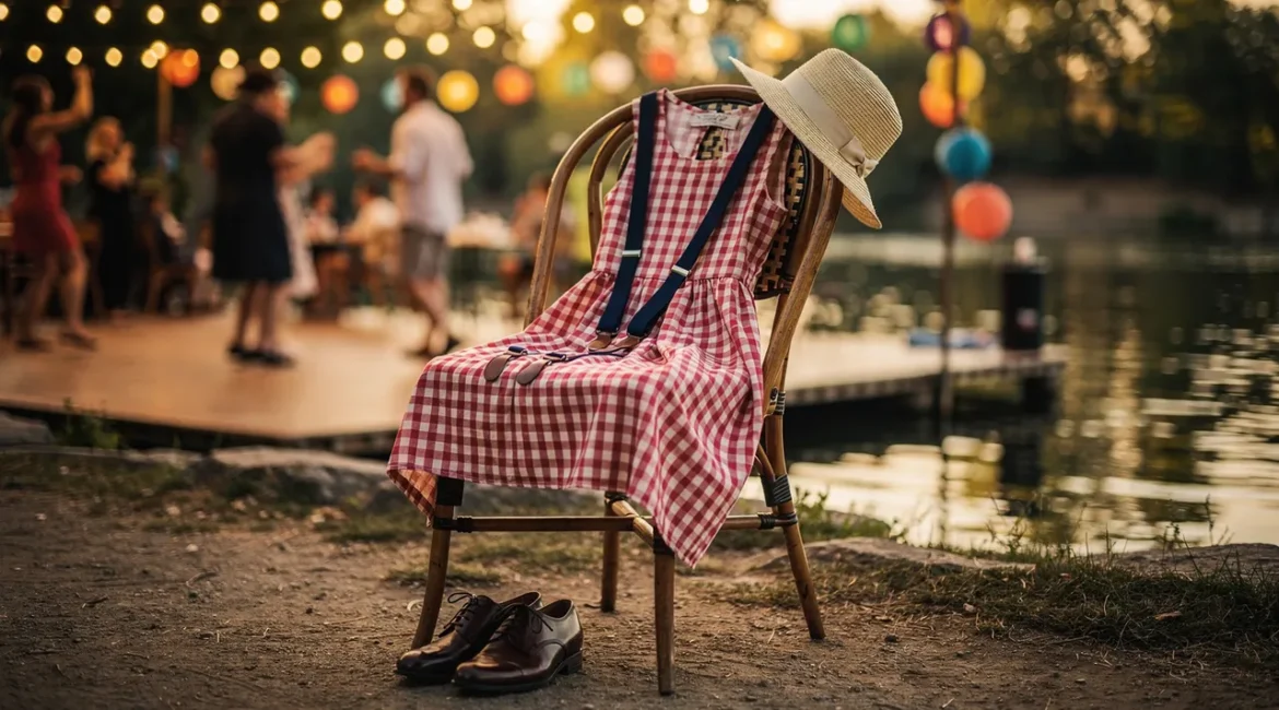 Tenue style guinguette avec robe vichy, canotier et accessoires rétro