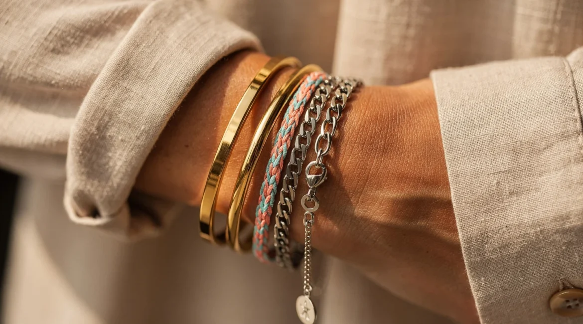 Bracelet à la mode porté au poignet avec joncs dorés, manchette fine et bracelets colorés superposés